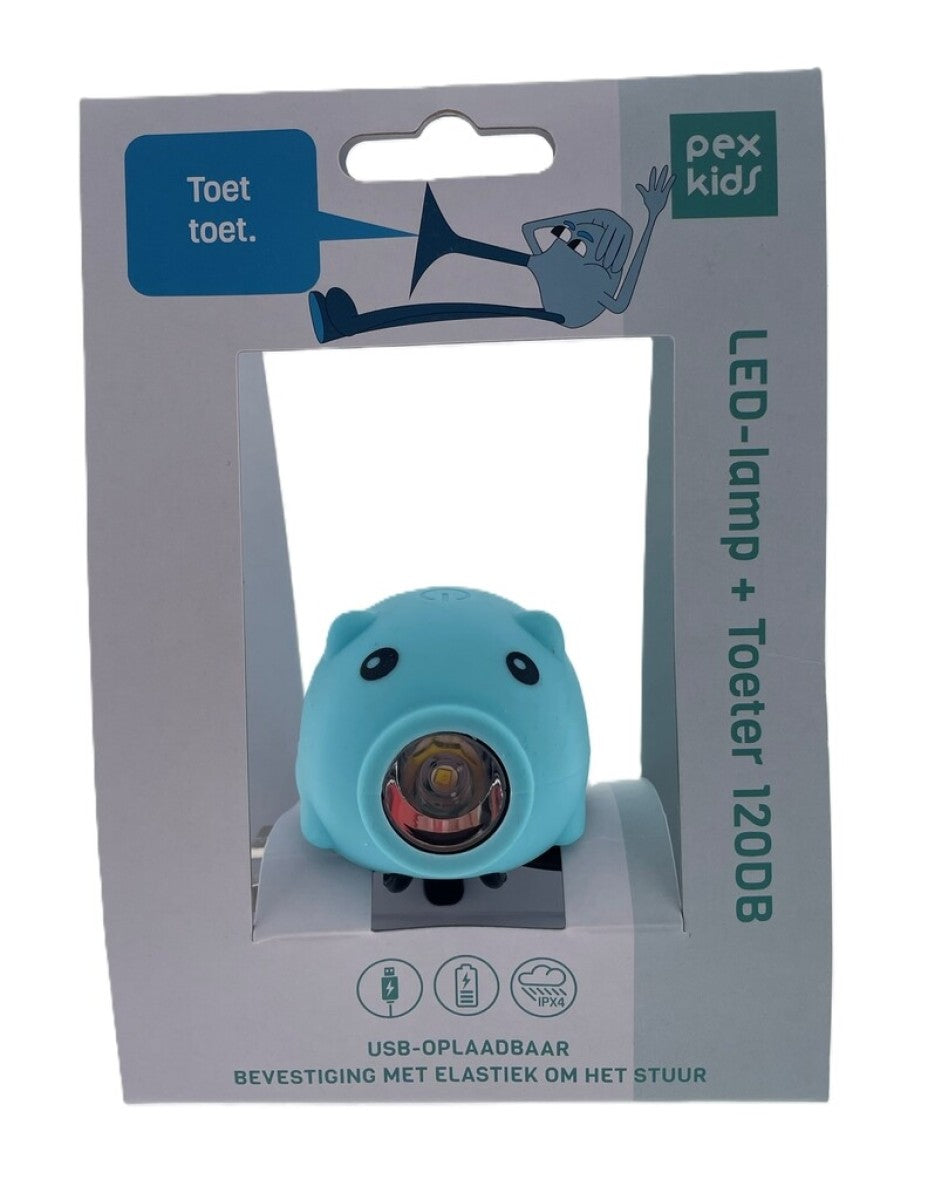 Pexkids cykelhorn gris med LED lampe USB blå