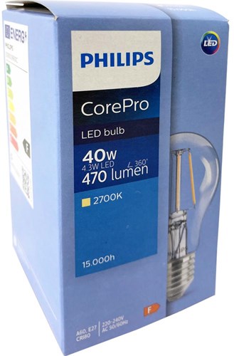 Philips LED GLS E27 4,3-40W 2700K glødetråd klar - LED3775