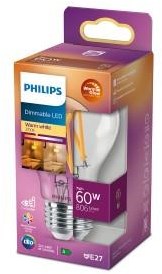 Philips led lamp transparant - 60 w - e27 - dimbaar warmwit licht