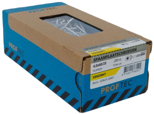 Proftec spånpladeskrue. vz pk +skæringspunkt tx-20 (+bit) 4.0x60