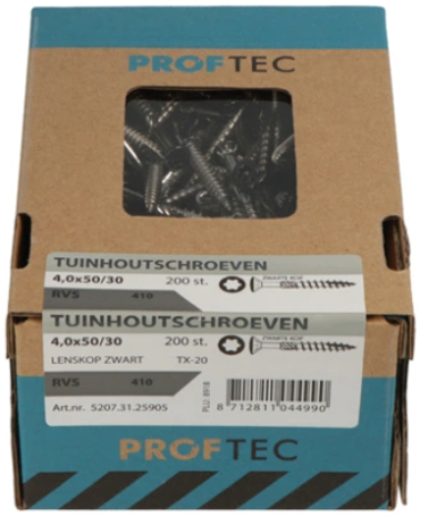 Proftec have træskrue rustfrit stål-410 lk sort hoved + skærepunkt torx tx20 ​​4.0x40 24 | 200 stk - 5207.31.25605