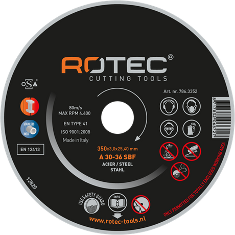 Rotec grote doorslijpschijf t.b.v. staal | 350 x 4,0 x 25,40 mm 786.3502
