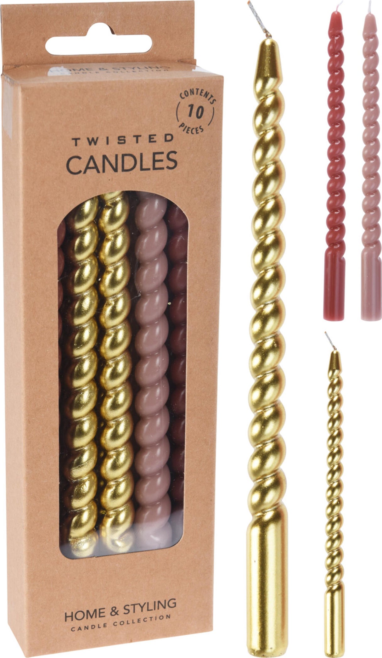 Home styling kaarsjes gedraaid 17cm set a 10 stuks goud roze dia1,2 cm
