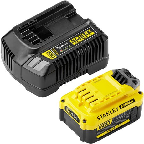 Stanley fatmax v20 18v startsæt oplader (gul sort, oplader (2a) og batteri (4.0ah) inkluderet)