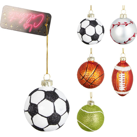 Julevedhæng sportsbolde glas 6cm 5 assorteret udstilling af 10 stk
