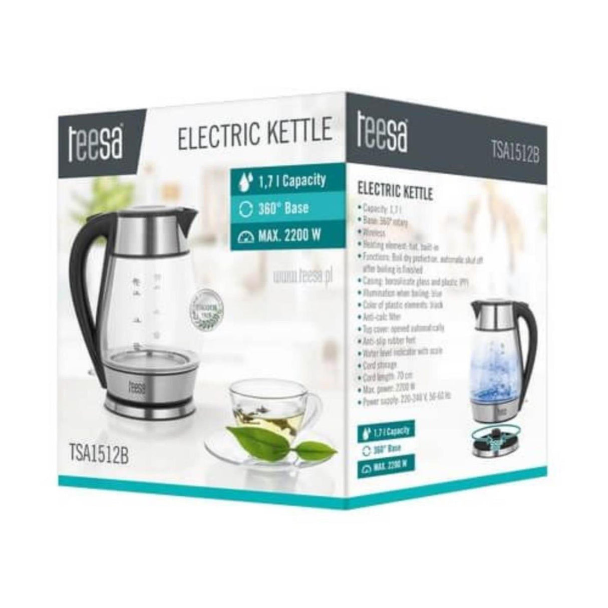 Teesa kedel glas rustfrit stål 1,7l sort