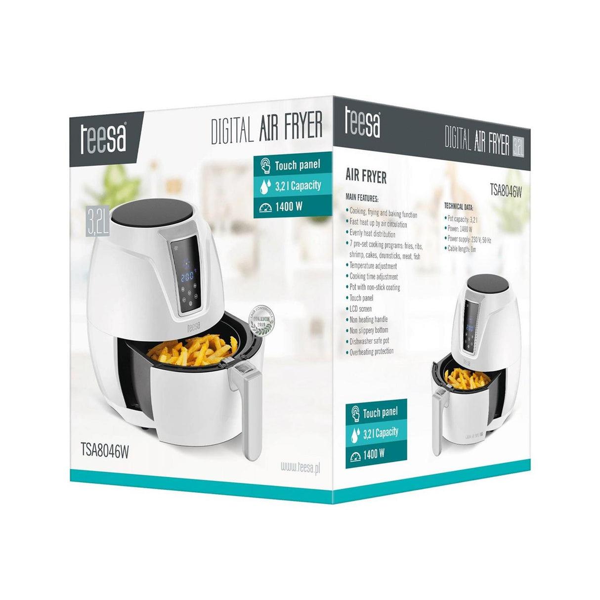 Teesa digital luftfrituregryde varmluftfrituregryde 1400 watt 3,2l hvid