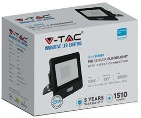 V-tac LED byggelampe 20w 3000k sort med sensor + kabelindgang - 9335210
