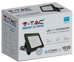 V-tac LED byggelampe 20w 6500k sort + kabelindgang - 9332115