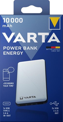 Enzo Varta powerbank 10.000ma sølv + LED indikation USB og USB-C - 3509010