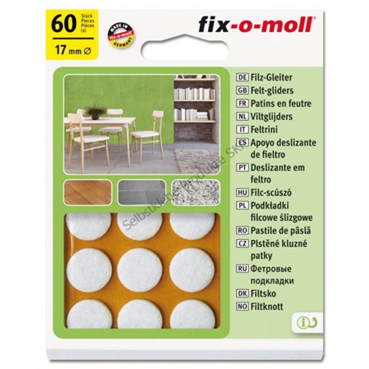 Fix-o-moll filtglider 17mm selvklæbende hvid pakke med 60 stk.