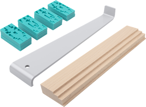 Wolfcraft - laminat lægningssæt - komplet sæt PVC lægning - trækstang - pladevat træ - justerkiler - 22 dele - 6931000