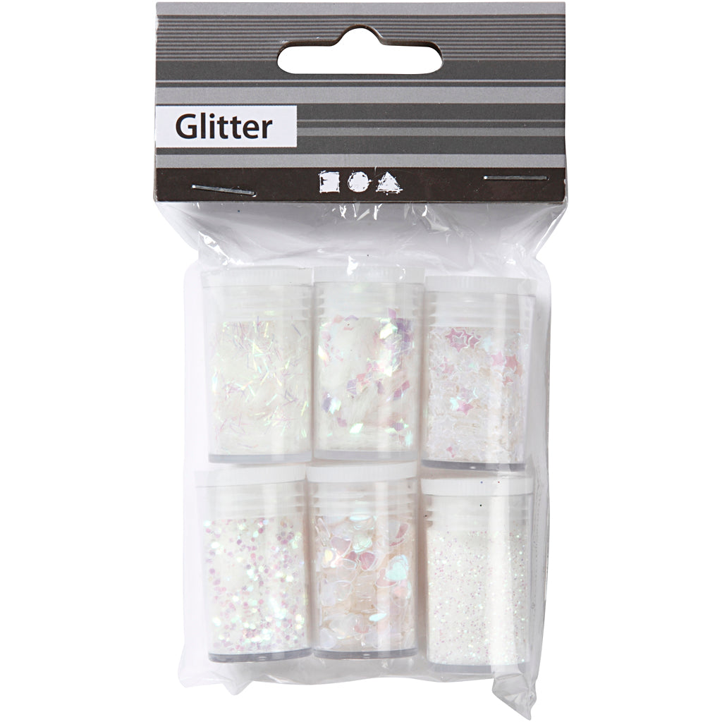 Creativ Company Glitter og paljetter hvid, 6x5gr