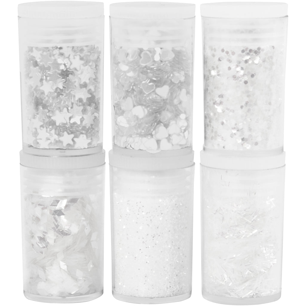 Creativ Company Glitter og paljetter hvid, 6x5gr